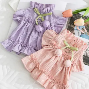 Pet Clothes Dog Cat Dress Plaid  Tulip Flower Breathable Summer Lady Style With Leash Ring D00067