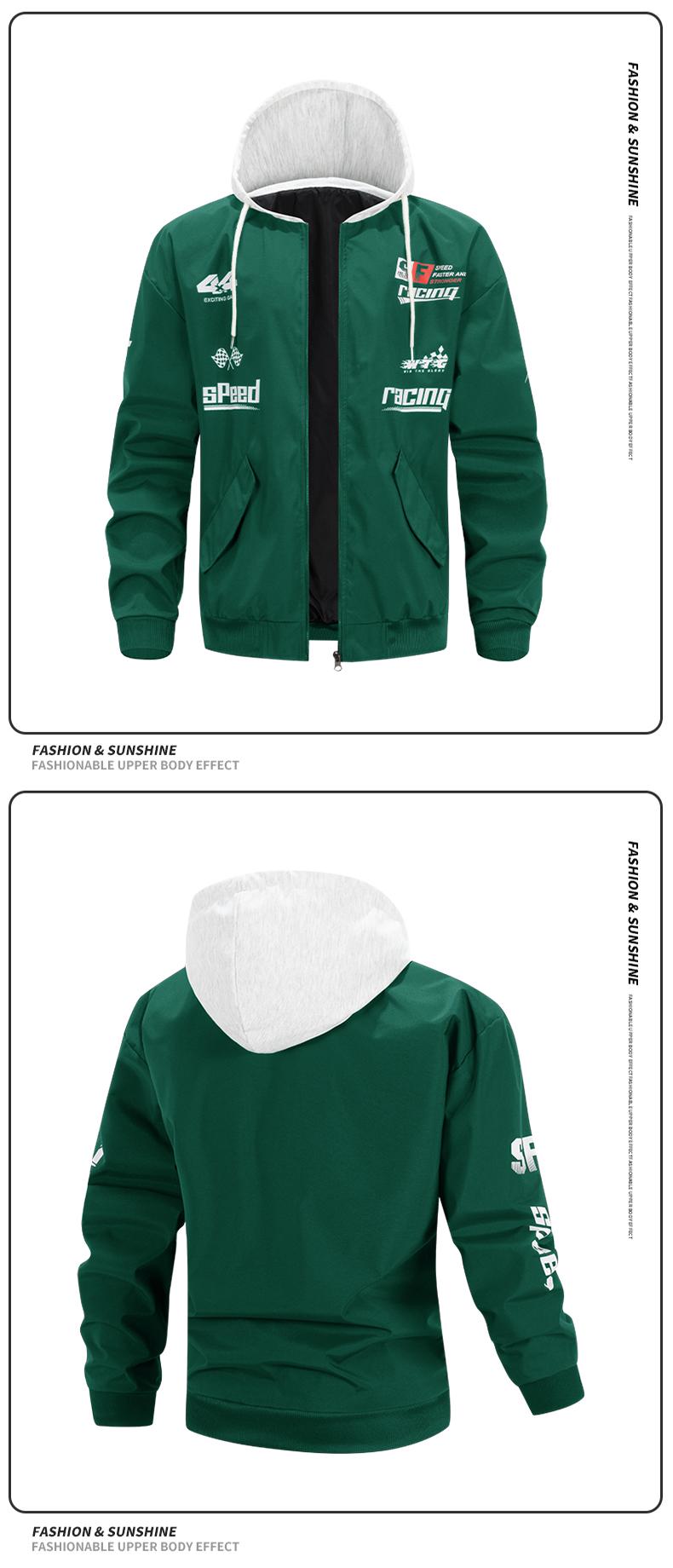 Men's stylish trendy versatile jacket with adjustable hood, featuring racing-themed print, windproof and abrasion-resistant surface design, suitable for competitions, street outings, attending racing-themed parties and gatherings, everyday casual wear, co