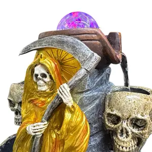 Gold Holy Death LED Water Fountain Statue (Santa Muerte) – Electric Flowing Fountain with Lighted Crystal Sphere – 12 Inch Spiritual Decor