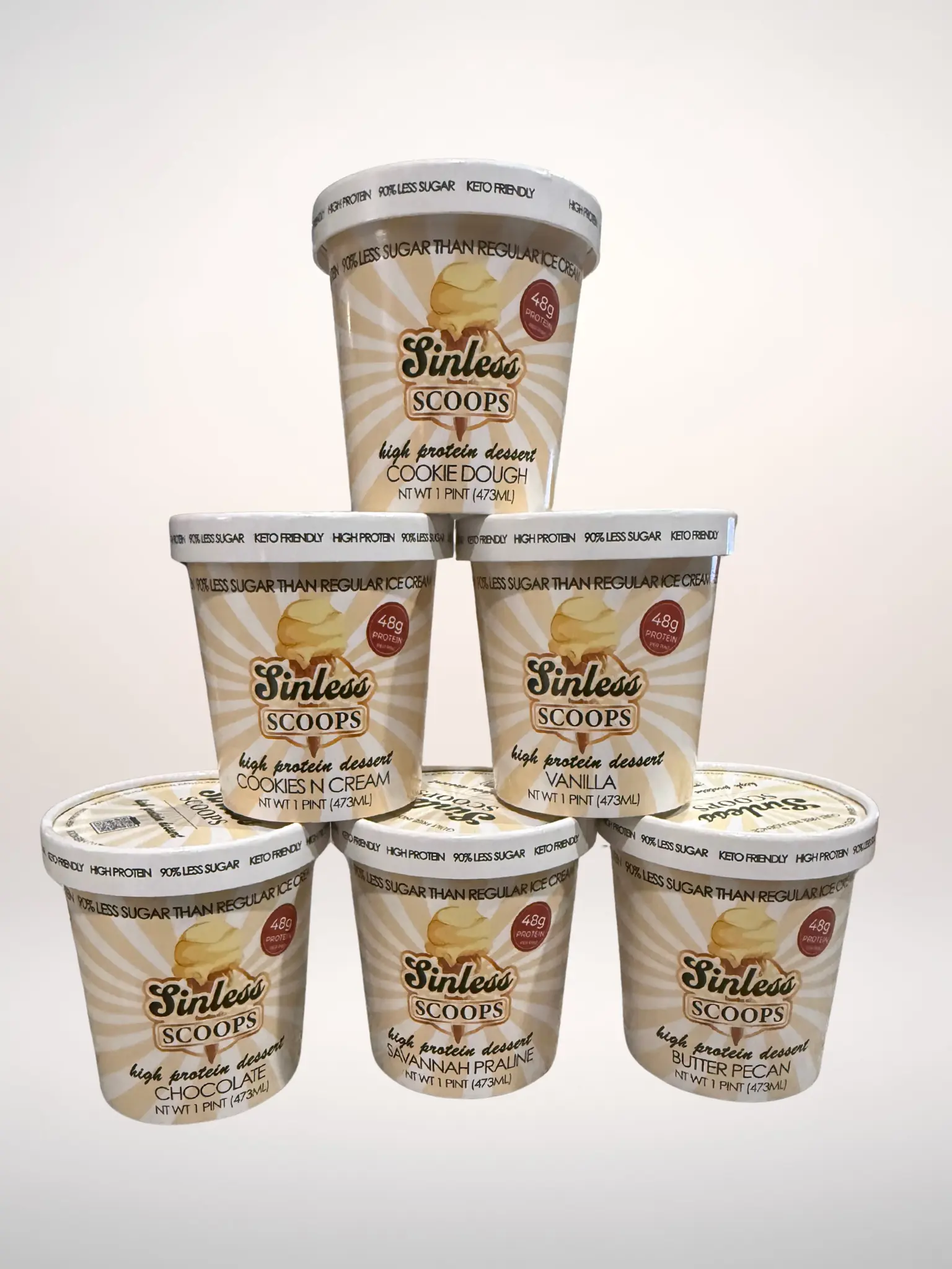 Sinless Scoops Hight Protein Ice Cream Southern Signature (6 Pack) Savannah Praline, Butter Pecan, Cookie Dough, Chocolate, Strawberry and Vanilla