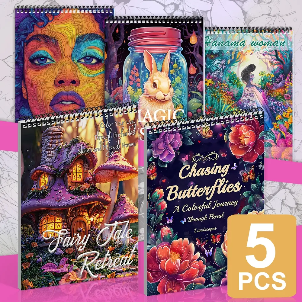 5-Pack Adult Coloring Book Set, Art Supplies - Stress Relief for Men & Women, Featuring Magic House, Flower Women, and Butterfly Themes - Paperback for Relaxation, Creative Fun, and Holiday Enjoyment - Perfect for Christmas and Halloween