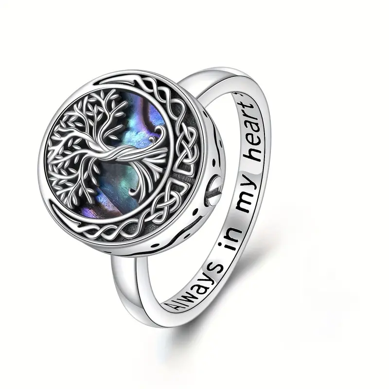 Unisex Tree of Life Cremation Ring - Celtic Knot Costume Jewelry with Shell Accent, Metal Coating, Solitaire Stackable Rings, Genealogy Souvenir, Meaningful Gifts Forever in My Heart Keepsake Accessories, Unisex Jewelry, Solitaire Rings
