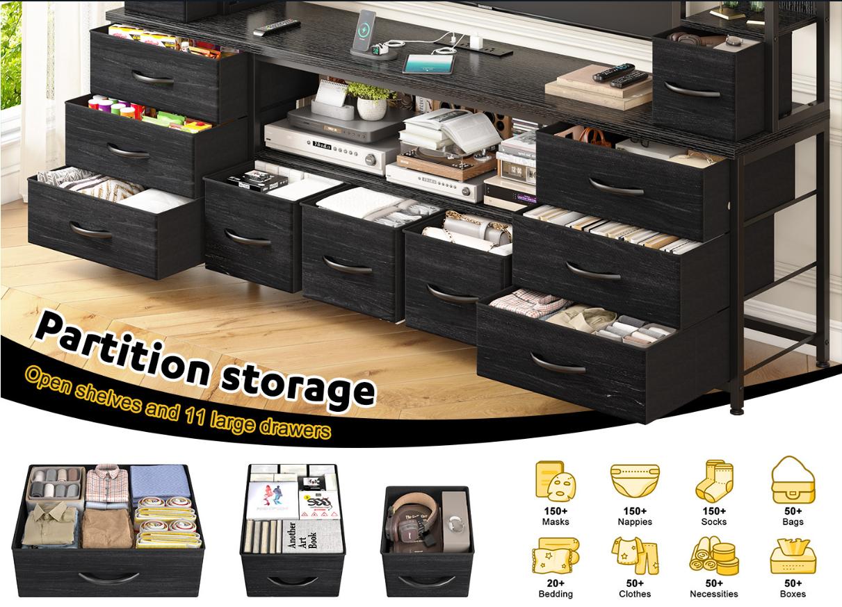 RaybeeFurniture 65" TV Stands for Living Room, Large Wall Unit Entertainment Center with 11 Fabric Drawer,Dresser TV Stand with 2 LED Lights & Power Outlets,TV Stand for Bedroom with Storage Shelf