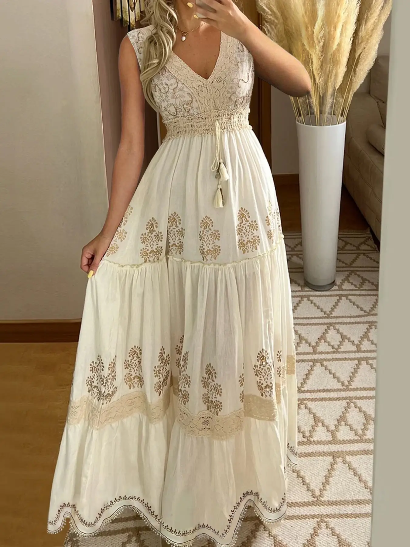 Women's Printed Fashion V-Neck Sleeveless Vest Dress, Casual Chic Boho Style Loose-Fitting Design, Perfect for Everyday Wear, Stylish and Comfortable