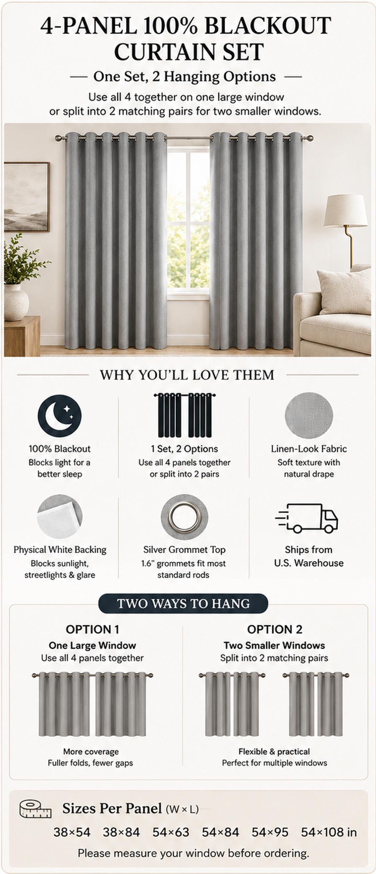 Nycto 4-Panel Set 100% Blackout Curtains, Linen-Look Drapes with Physical White Backing & Silver Grommets, Light-Blocking Privacy Curtains for Bedroom, Living Room & Home Office, Use Together for 1 Window or Split for 2 Windows