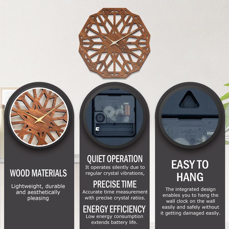 Carved flower shaped wooden wall clock, 16 inch walnut texture unique shaped quartz clock, silent non-ticking battery power supply, thickened 9mm thickness, suitable for living room, bedroom, office decoration