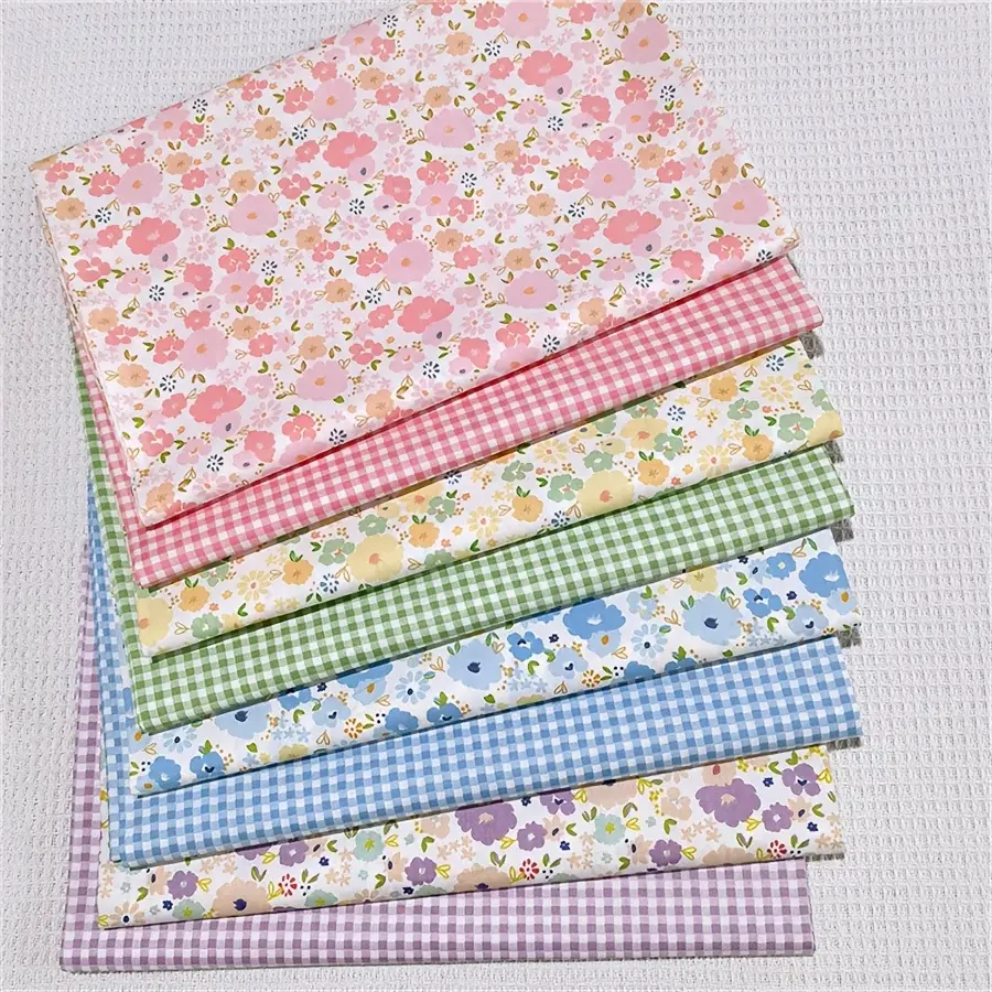 8Pcs Pre-Cut Cotton Fat Quarter Fabric Bundle(20×20in/50×50cm), Floral & Checkered Multi-Color Patchwork Cloth, Soft Quilting Squares for DIY Sewing, Scrapbooking, Patchwork Crafts & Handmade Ornament Projects