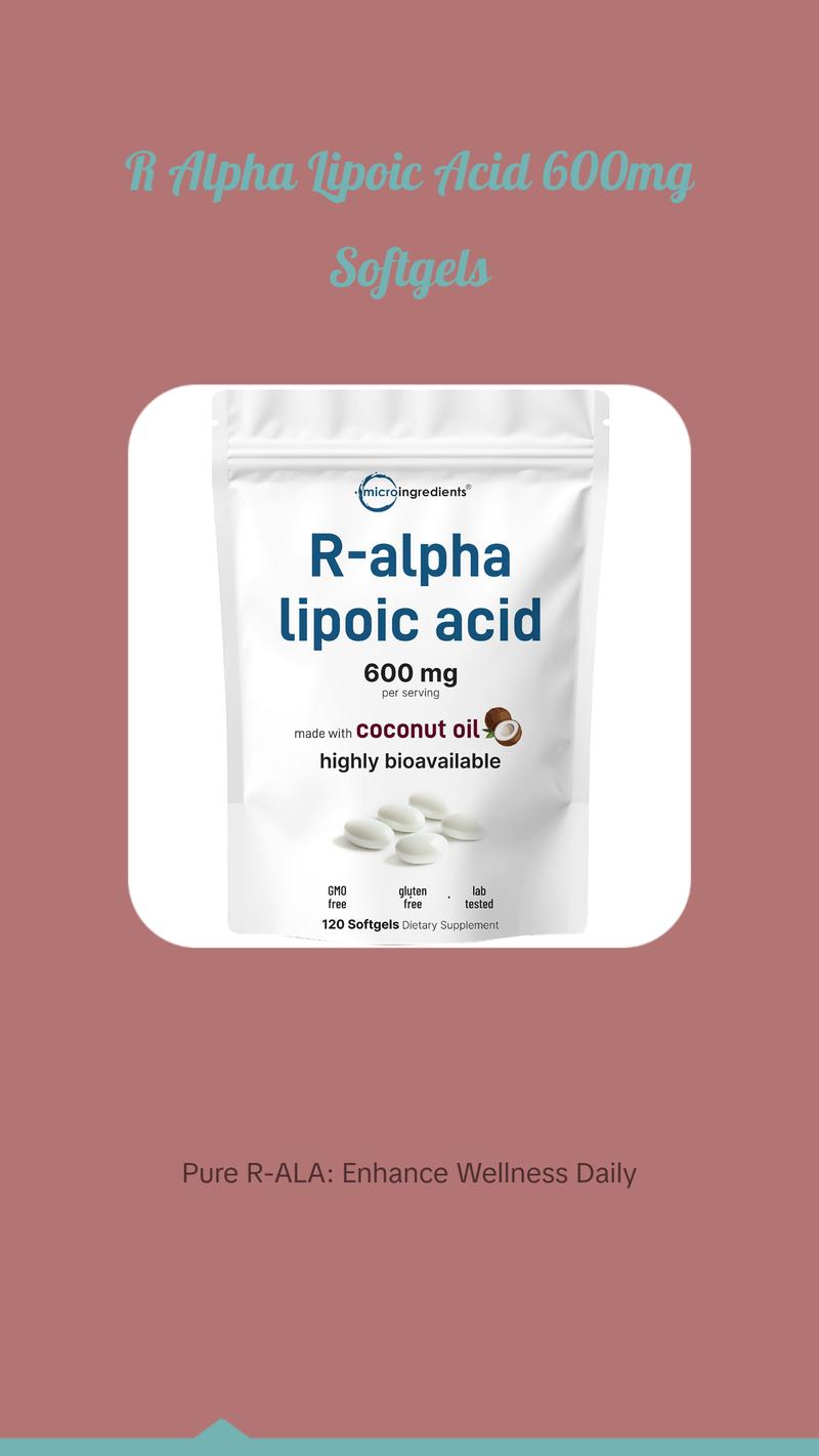 Micro Ingredients R Alpha Lipoic Acid 600mg with Coconut Oil, 120 Softgels