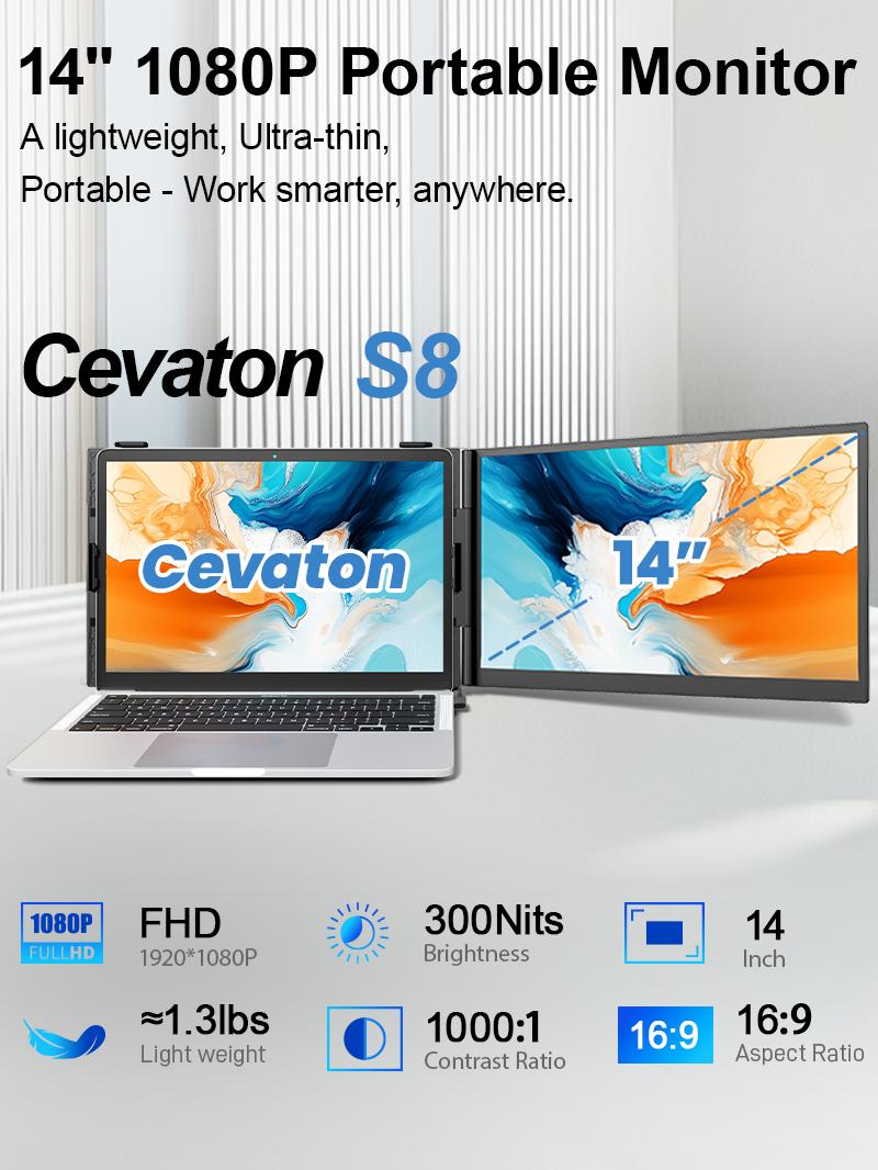 【WeeklyDeals】Cevaton Ultra-Slim Laptop Screen Extender, 14" FHD 1080P Portable Monitor for Laptop, 1.3lbs Lightweight Single Monitor Extender Plug & Play for 13"-17" Laptops（not include computer）, Compatible with Wins/Mac/Android/Chrome