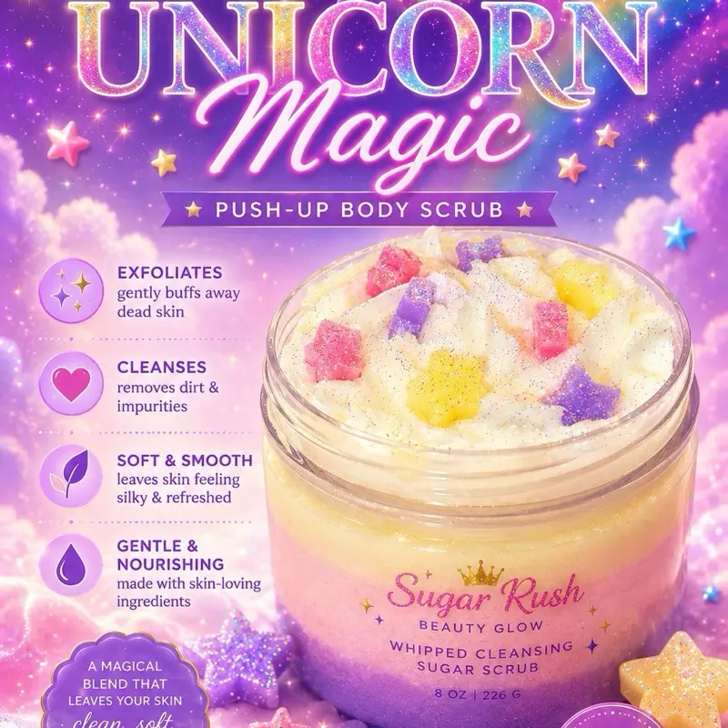 Unicorn Magic Whipped Sugar Scrub, Gentle Skin Care & Body Care Cleanser, Beauty Cosmetic Bath & Body Exfoliant