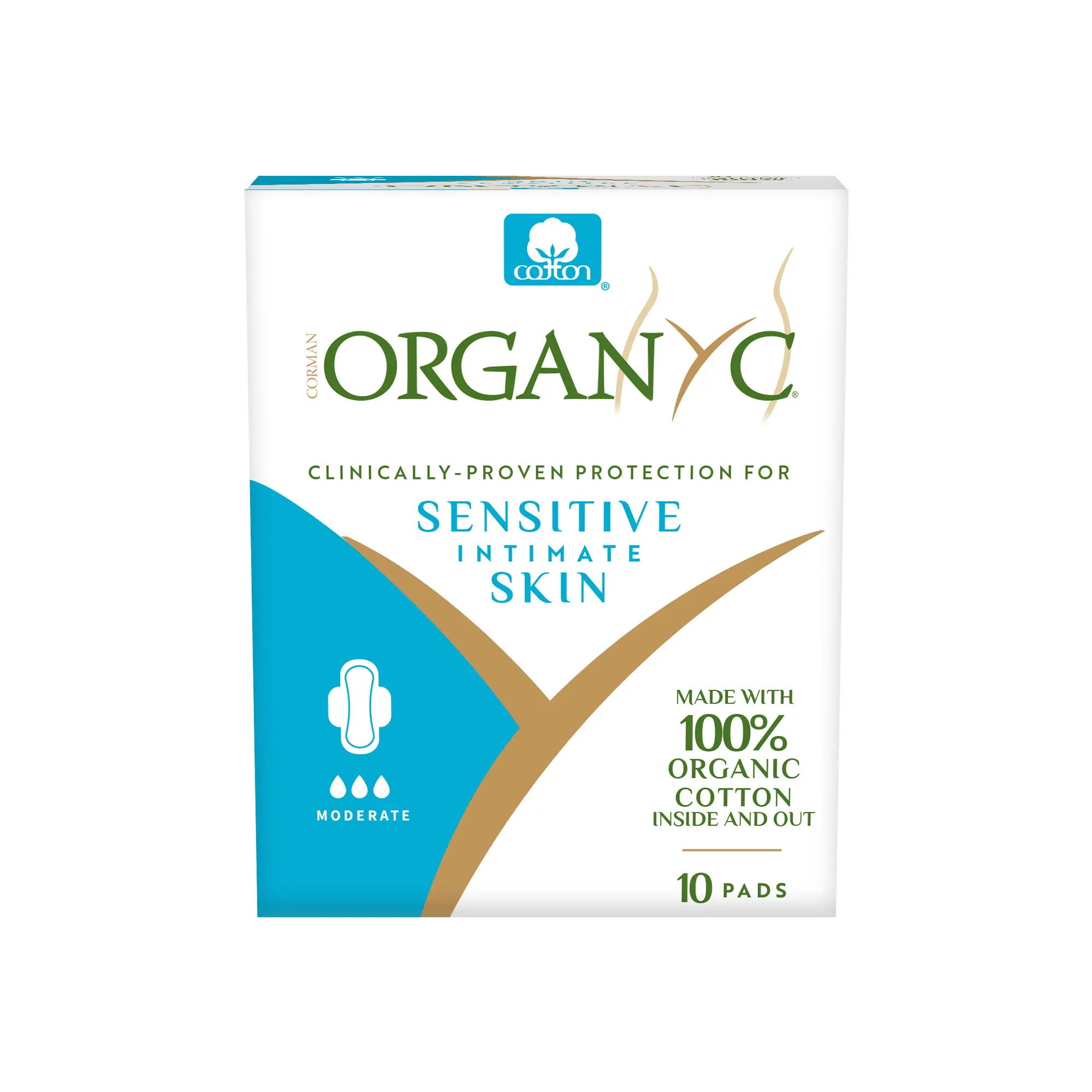 Organyc 100% Certified Organic Cotton Inside and Out Feminine Pads For Women Sensitive Skin, Moderate Flow for Regular Absorbency, 10 Count