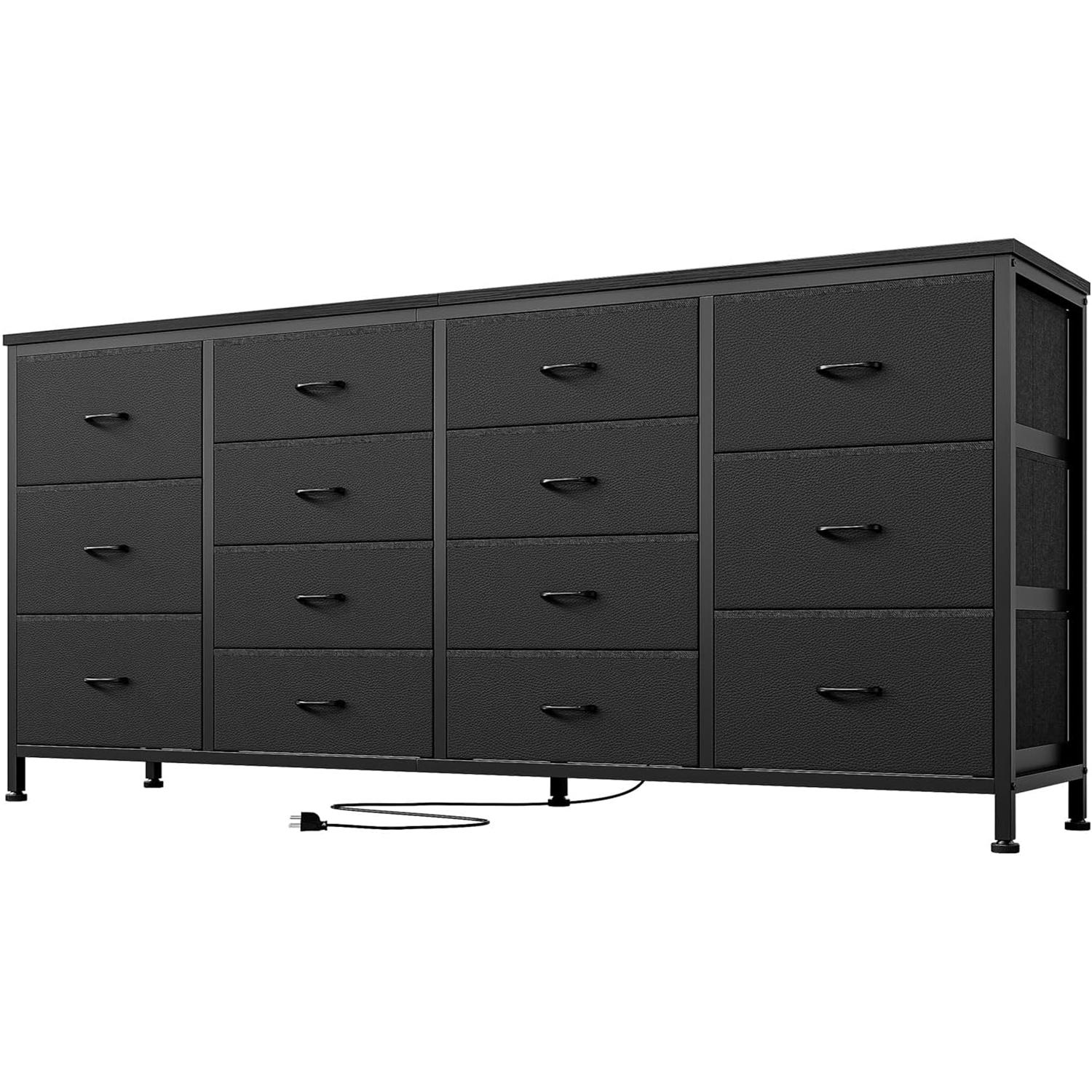 14 Drawer Dresser, 63 in Black Fabric Dresser TV Stand with Power Outlet for 65 70 75 in TV, Long Entertainment Center for Bedroom, Closet, Living Room, Entryway