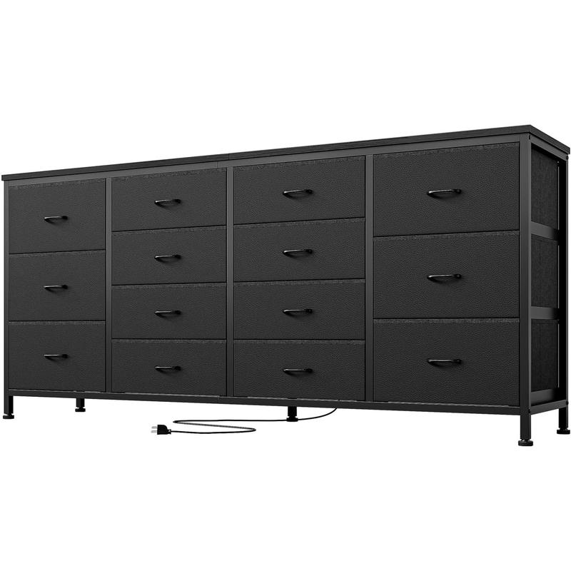 14 Drawer Dresser, 63 in Black Fabric Dresser TV Stand with Power Outlet for 65 70 75 in TV, Long Entertainment Center for Bedroom, Closet, Living Room, Entryway
