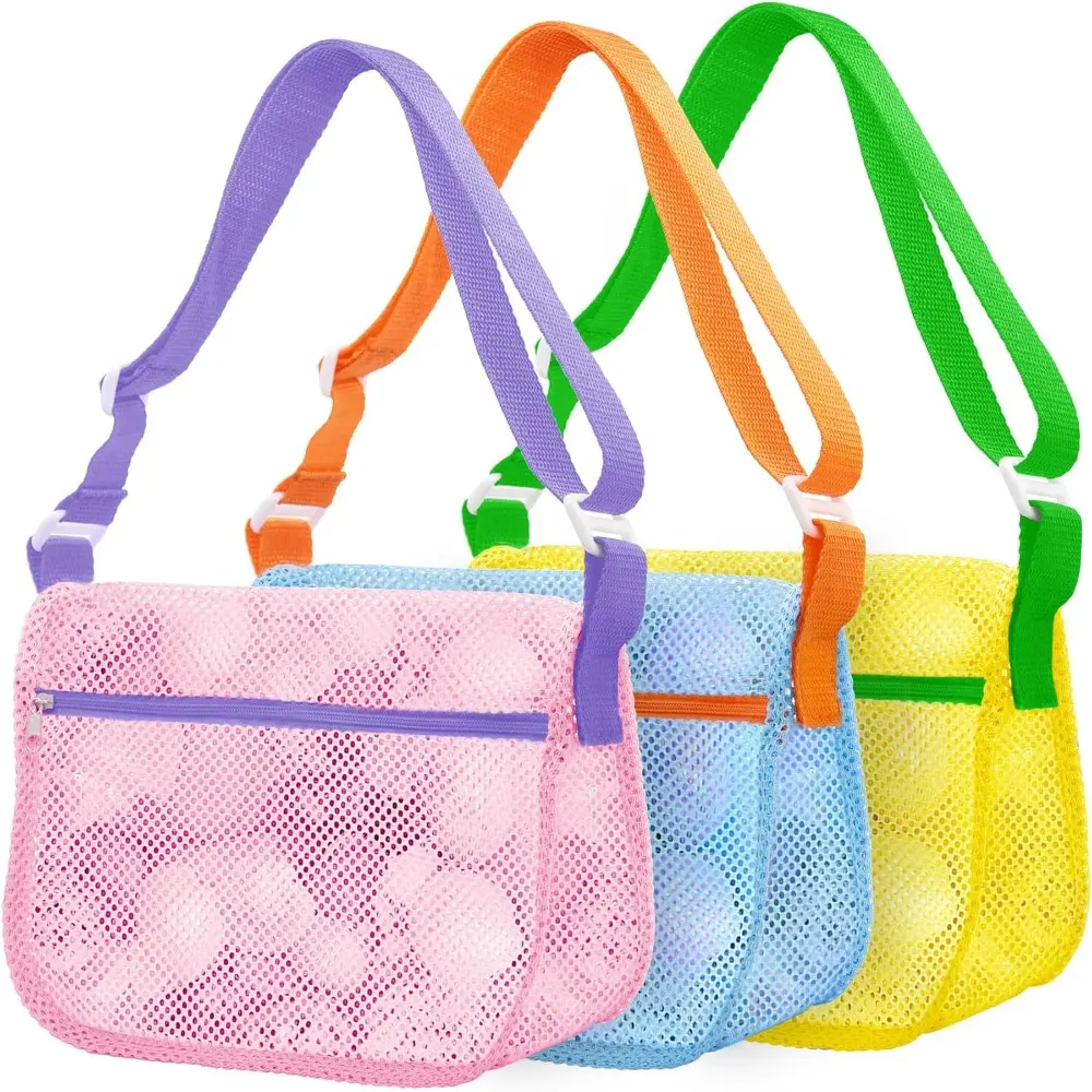 Mesh Beach Bags for Sand Toys  3 Pack Seashell Collecting Bags with Adjustable Straps, Beach Toy Organizer & Shell Pouch, Summer Beach Essential – Lightweight Drawstring Net Bags , Shell Hunting, or Wet Swimsuits Quick-Drying, Sand-Proof, Large Capacity