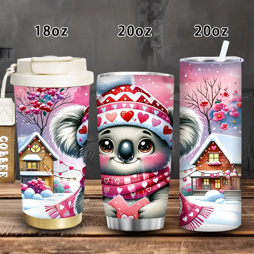 1pc Cute Koala Print Vacuum Flask - 18oz/20oz Heat-Resistant Leak-Proof Insulated Travel Mug Tumbler with Lid and Straw, Office Coffee Cup, Ideal Valentine's Day Gift for Women