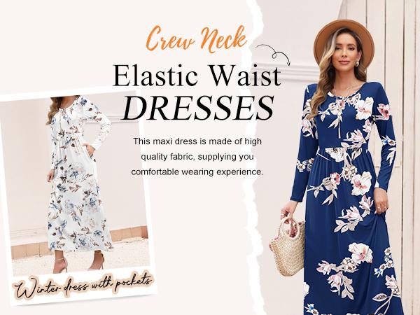 AUSELILY 2025 Fall Women Long Sleeve Loose Round Neck Maxi Dresses Casual Long Dresses with Pockets Christmas Dress