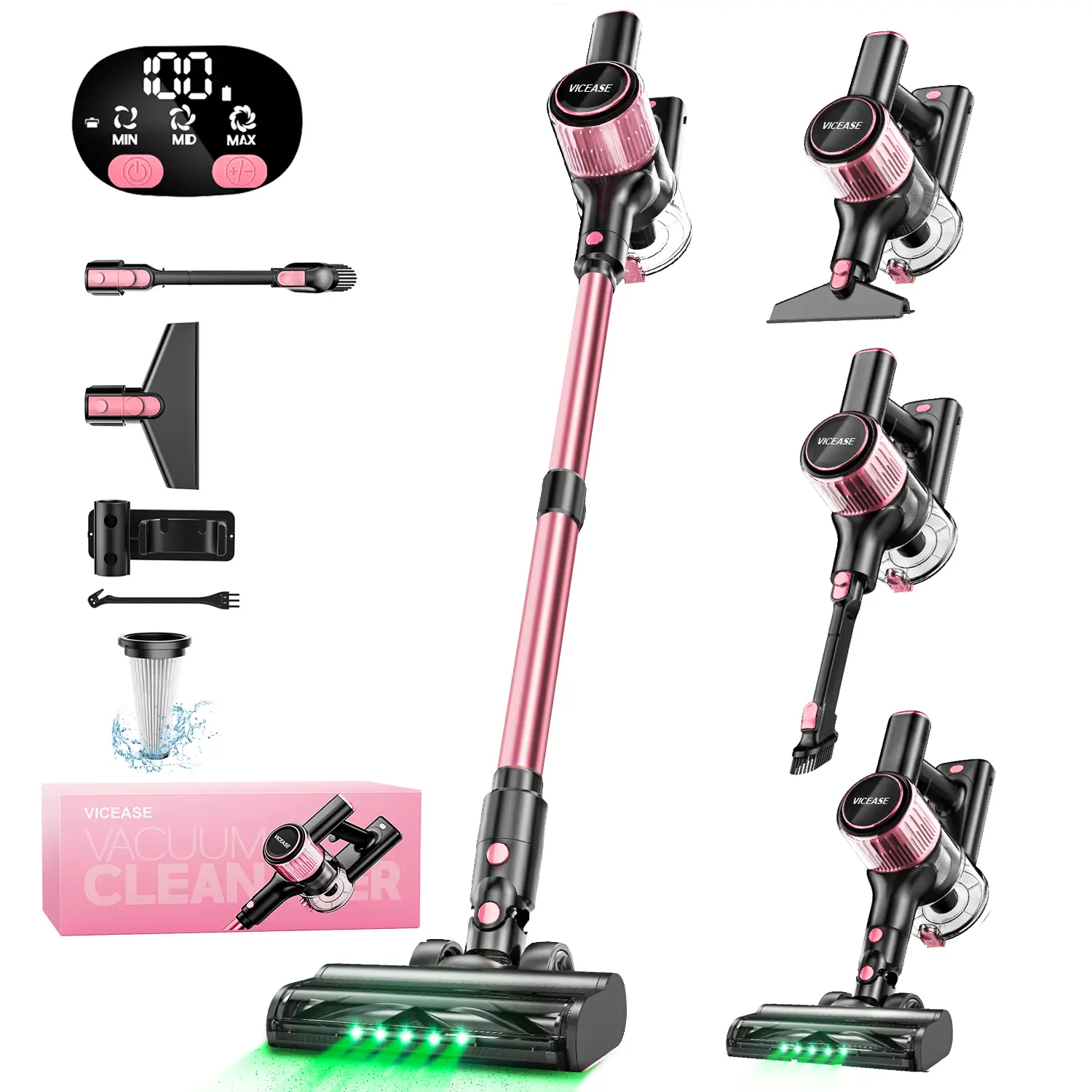 VICEASE Vacuum Cleaner, 3 Suction, LED Display, Green LED, Gift Box, Powerful Vacuum Cleaner with Sofa Brush for Hard Floor/Carpet/Pet Hair/Car,back to school,back to school haul