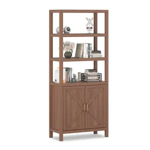 Garvee 5 Tier Bookshelf, 71 Inch Tall Bookcase with 2-Door Cabinet, Wood Farmhouse Display Cabinet, Narrow Library Shelf Organizer for Living Rooms, Home Offices, Apartments, Oak