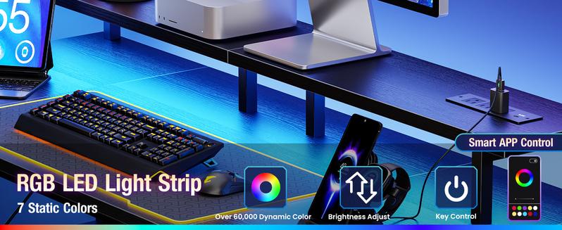 48 inch Gaming Desk with LED Lights & Power Outlets, Computer Desk with Monitor Stand & Storage Shelves, CPU Stand, Home Office Desk