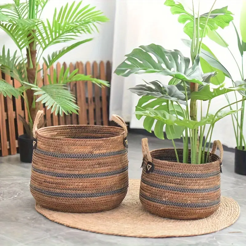 [1pc Large Capacity Storage Baskets] 1pc Bohemian Woven Banana Rope Storage Baskets, Large Capacity Organizer Bins With Handles For Living Room, Balcony, Toy Basket Shelf Baskets