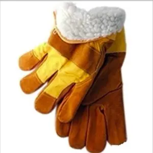 Winter Cowhide Yellow Leather Palm Work Gloves with Fur Insulation - Pack of 6