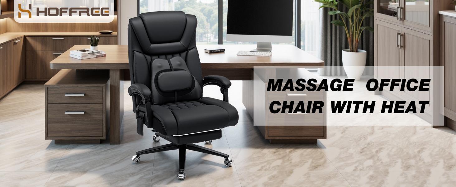 HOFFREE Kneading Massage Office Chair with Heat 500lbs Ergonomic Desk Chair with Footrest and Lumbar Support Pillow PU Leather Executive Computer Chair for Heavy People (Black)