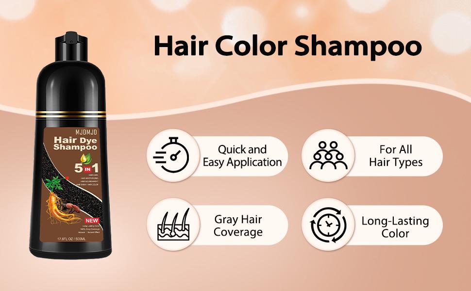 Black Hair Dye Shampoo 5-in-1, Natural Hair Coloring Shampoo with Ginseng Extract for Women & Men, Herbal Gray Hair Coverage, Long-Lasting black hairdye 500ml (Black)