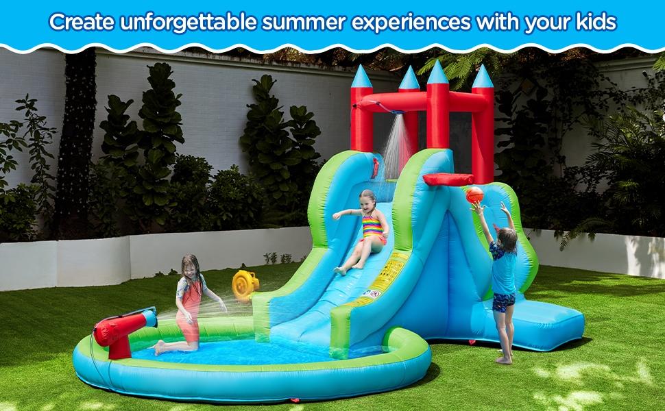 Yaheetech Inflatable Water Slide, 5-in-1 Outdoor Blow up Water Slide for Kids Aged 3-8 w/Water Cannon & Basketball Hoop & Climbing Wall & Storage Bag & 350W Blower
