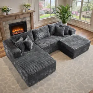 CAODOC 108” L-Shape Boneless Modular Sectional Sofa, Compressed Corduroy Memory Foam Cloud Couch with Ottoman, Deep Seat Space-Saving Chaise Lounge, No Assembly Modular Sofa for Living Room Apartment