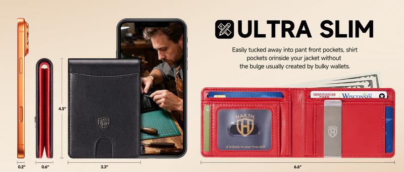 HAILTH Men's RFID Blocking Slim Bifold Leather Wallet - Top Layer Cowhide, 12 Card Slots with Concealed ID Window, 0.8'' Ultra-Thin Front Pocket Design, Premium Gift Box Packaging - Great for Father's Day, Daily Carry & Back to School
