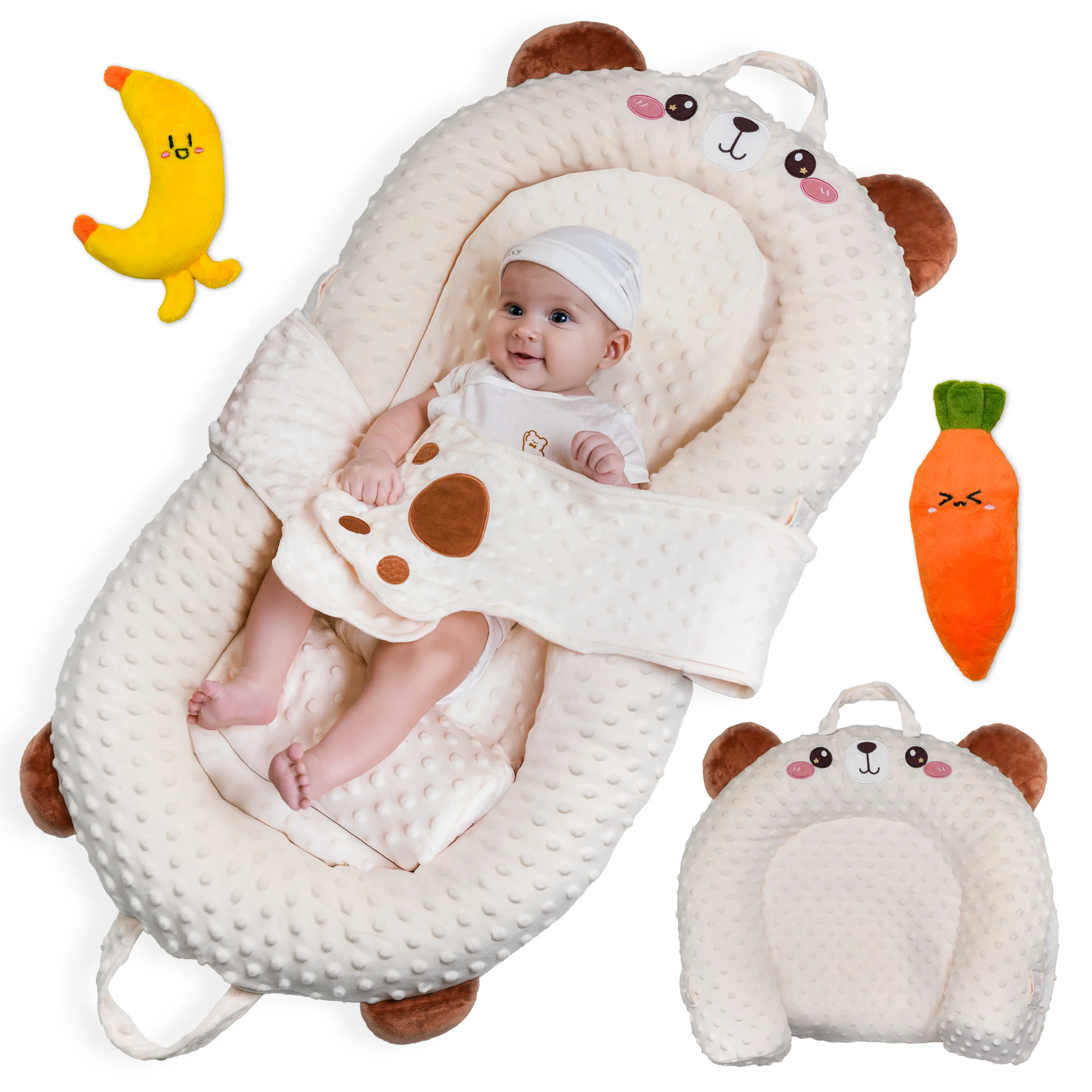 HOMEBOO Baby Lounger, Premium Velvet & Sponge Newborn Nest, Double Sided Portable Mat for Tummy Time & Feeding Support with Toys