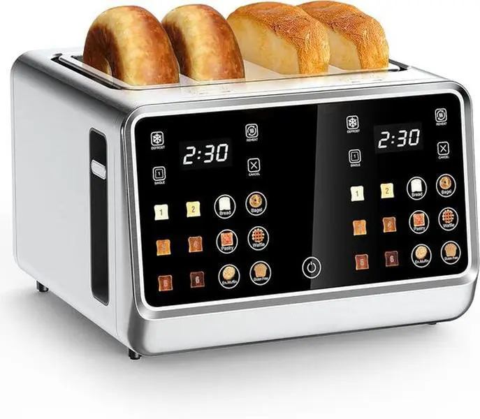 Dear Morning 4-Slice Digital Smart Stainless Steel Toaster - Touchscreen Dual Control Panel, Single Slot Timer, Reheat/Defrost Functions for Bagels, Bread, Durable Kitchen Essential Household Appliances,home essentials