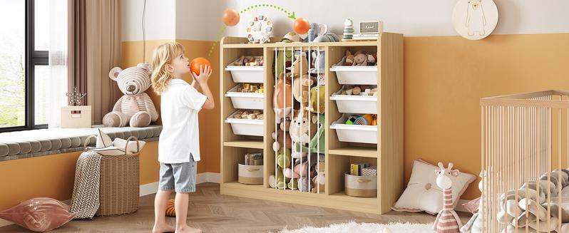 ONBRILL Toy Storage Organizer with 6 Removable Plastic Bins, Toddler Stuffed Animal Storage, Toy Box Cabinet with 2 Open Cubbies, Book Shelf for Kids Room Playroom Bedroom Nursery