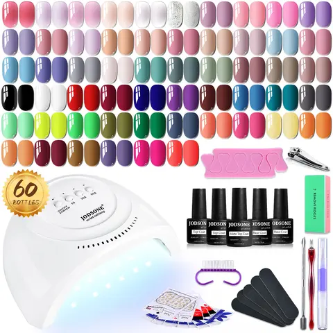 JODSONE 60 PCS Gel Nail Polish Kit with U V Light Base and Matte Glossy Top Coat Nail Gel Polish Soak off Manicure Accessory Tools Suitable for All Seasons