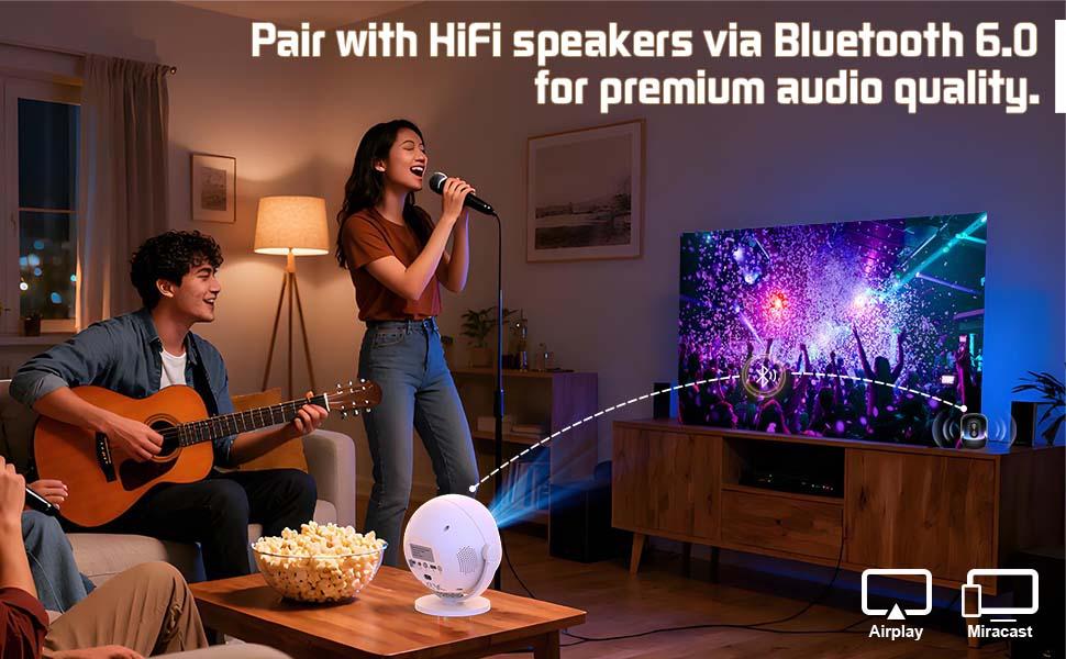 XBJ Portable Projector 360° Projection 2.4/5G WiFi 360° HDDual Band Wireless 6+ BT6.0 LED 200 Inch Screen Built-in Speaker 1080P Full HD Auto Keystone Electric Focus for HomeCinema Outdoor Use Great Gift