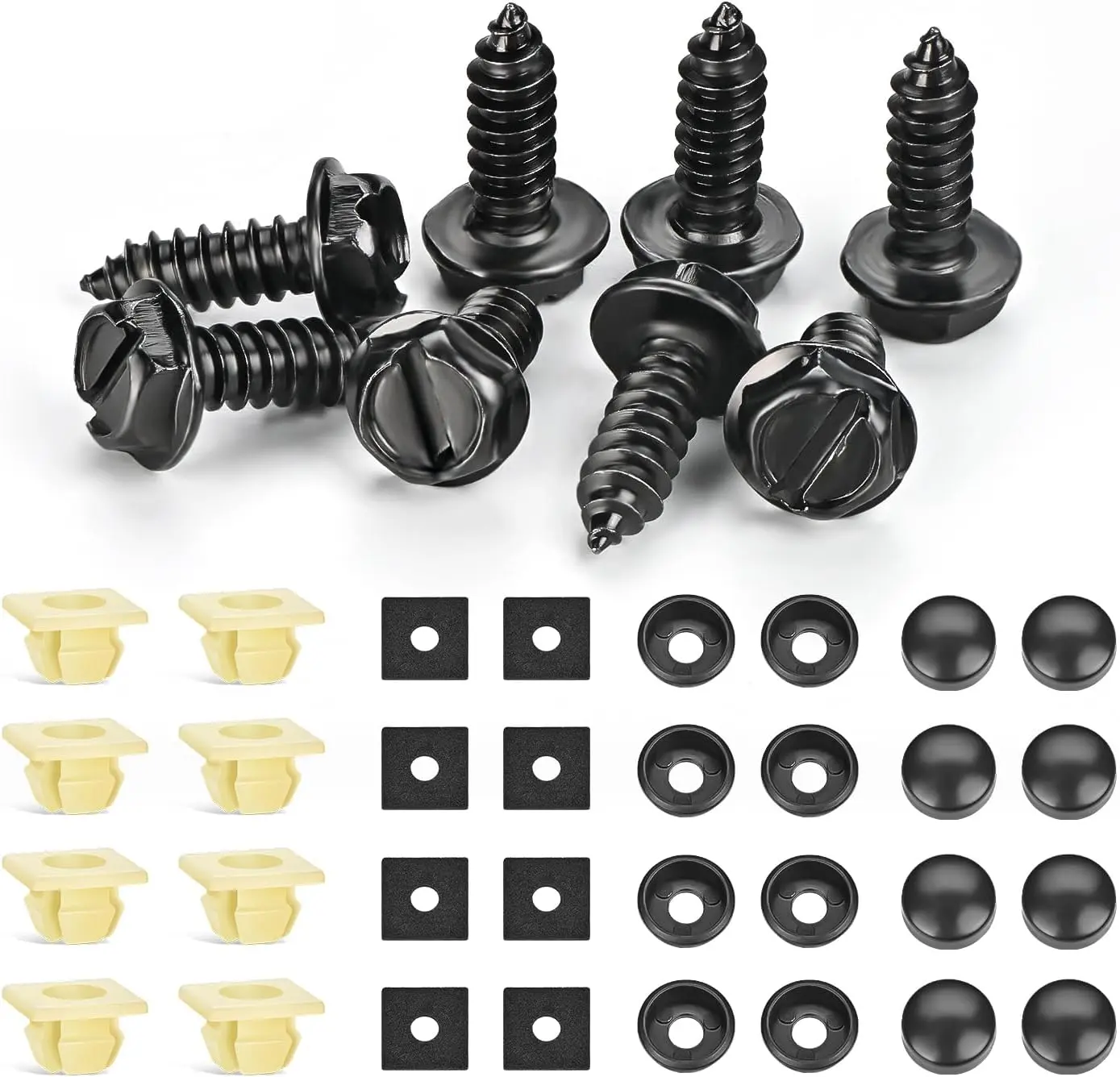Nilight Rust-Resist Steel License Plate Screw Kit - 8 Pcs 1/4in Black Zinc-Plated Nylon Self-Tapping Bolts with Foam Pads, Quiet Mount, Anti-Rattle Vibration Dampener, Easy Install for Cars/SUVs, Domestic & Imported Vehicles