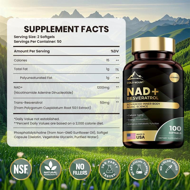 NAD+ Resveratrol - Anti-Aging & Energy Support with Liposomal Formula | 100 Softgels-MADE IN USA