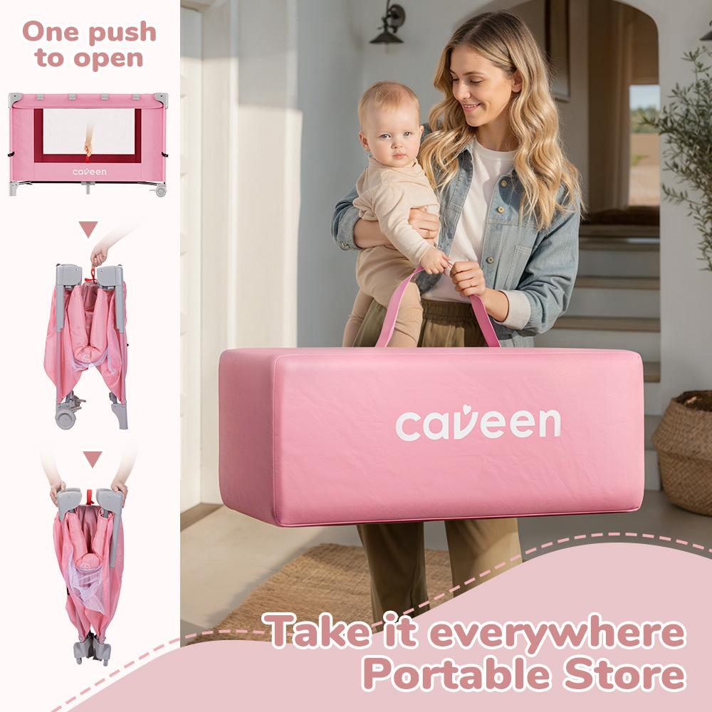 CAVEEN 5 in 1 Baby Playard, WIth Baby Bassinet, Portable Bedside Sleeper Baby Crib, with Removable Changing Station & Storage Organizer, Pink