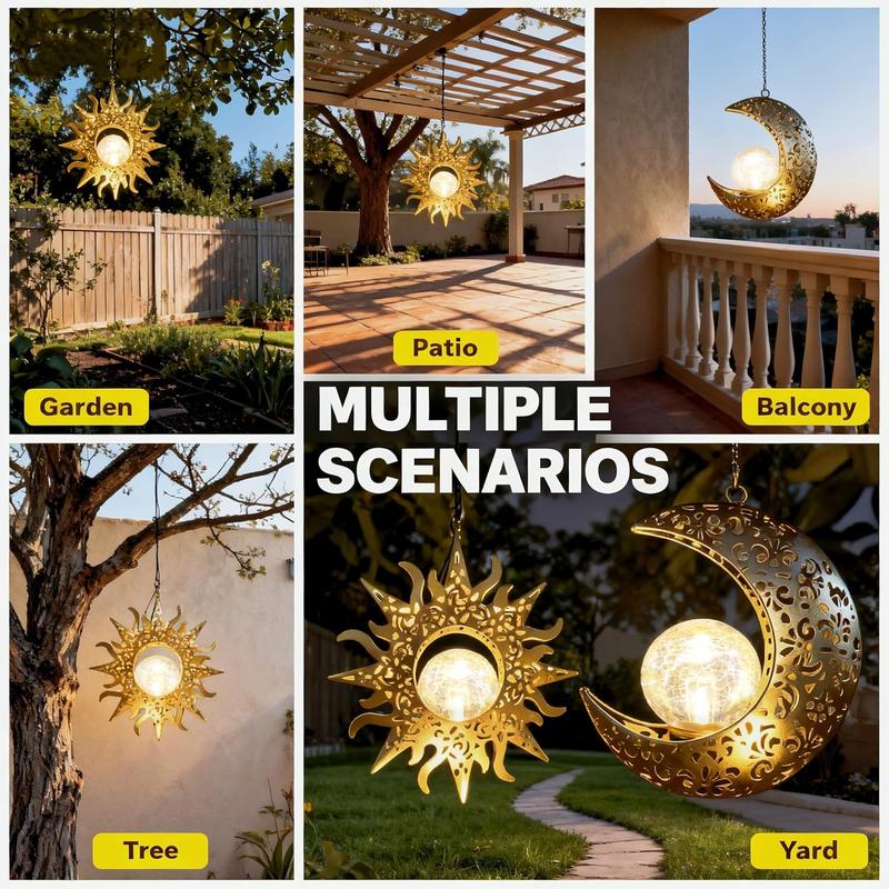 BougeRV  Solar Hanging Sun & Moon Lights Set for Outside, Metal Lanterns Pierced Carving Soothing Lamp, Large Decorations for Yard Garden Patio Proch Tree Wall, Christmas Gifts for Women Mom