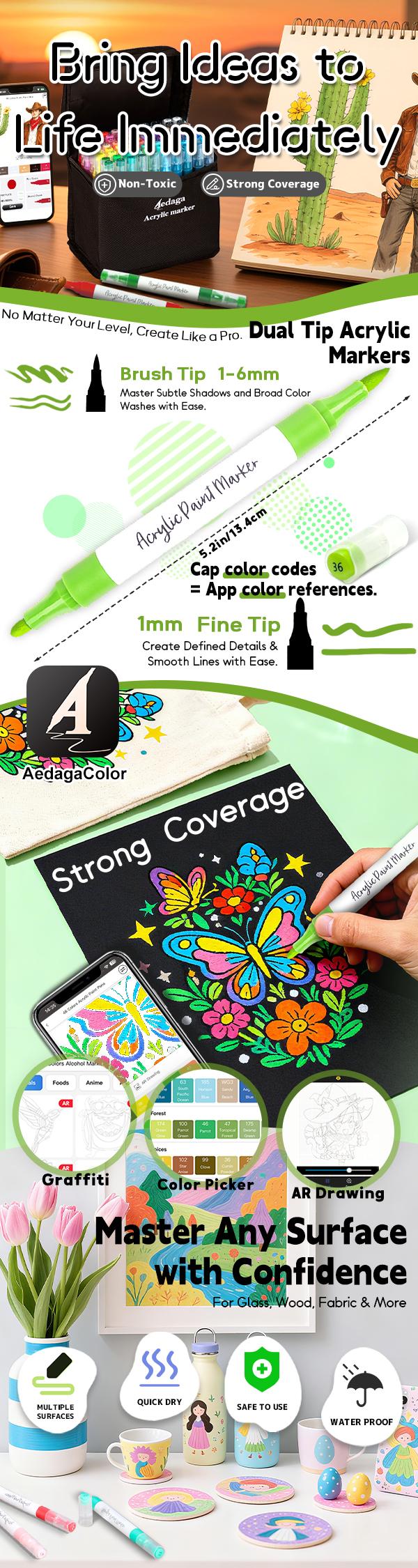 Aedaga Dual Tip Acrylic Paint Markers  Colors 120 Quick Dry Waterproof Non-Toxic with Case for DIY Craft Essentials