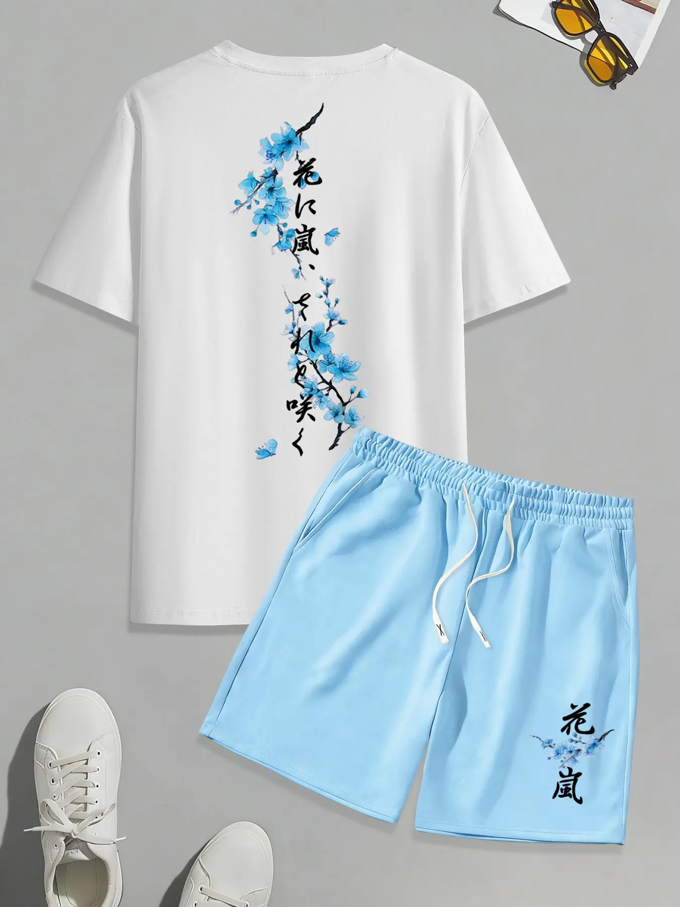 Men's Letter & Floral Print 2-Piece Set, Round Neck T-Shirt & Drawstring Waist Shorts, Summer Wear, Casual Tees Set, Casual Graphic Outfit for Outdoor Activities, Menswear