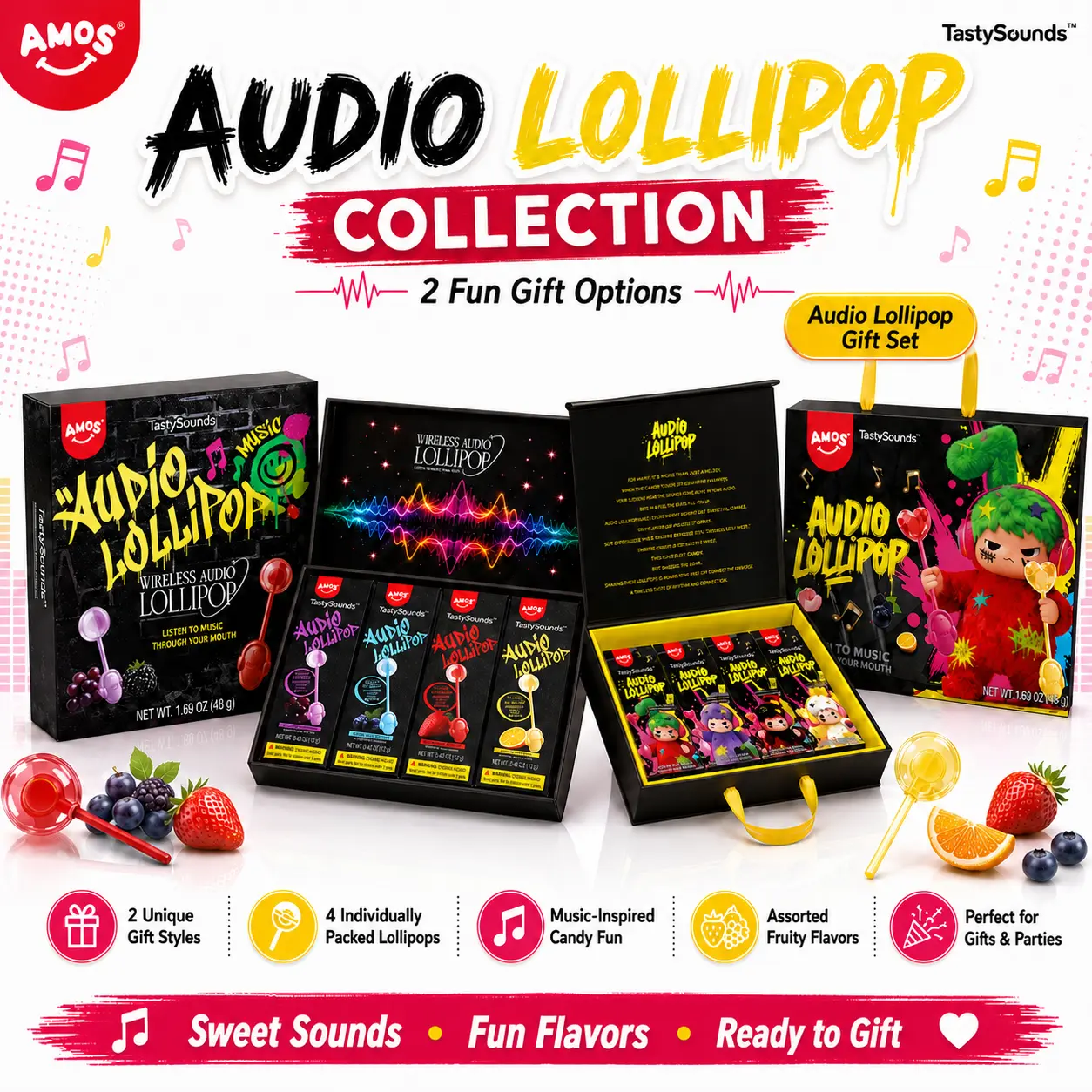AMOS TastySounds Audio Lollipop Gift Set, 4 Individually Packed Fruity Lollipops, Music-Inspired Candy Fun, Ready-to-Gift Box for Kids Parties
