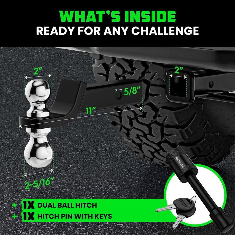 Rhino USA Dual Ball Hitch, Heavy Duty Reversible Tow Hitch Fit 2" Receiver, 2" & 2 5/16" Trailer (10,000 LB GTW) With Weatherproof Anti-Theft Lock Pin