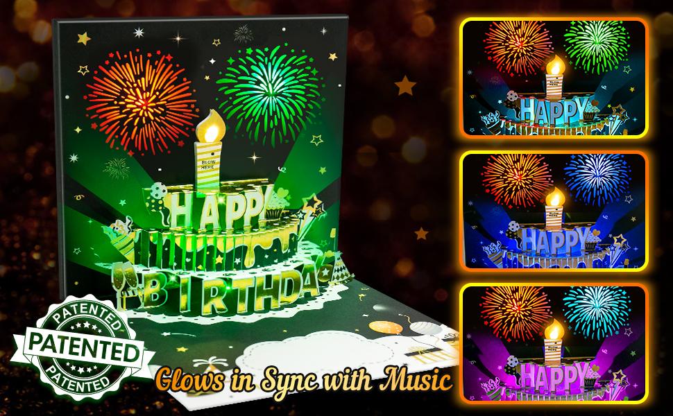 INPHER DIY Age Birthday Cards Fireworks Pop Up Cake Light and Music Black and Gold Happy Birthday Card Gift for Husband, Men, Women, Mom, Grandma