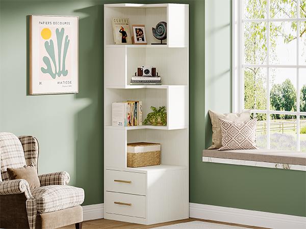 Tribesigns 5-Tier Corner Bookshelf with 2 Drawers, 66.9-Inch Tall, Modern Simple Corner Storage Cabinet Display Rack for Living Room, Home Office