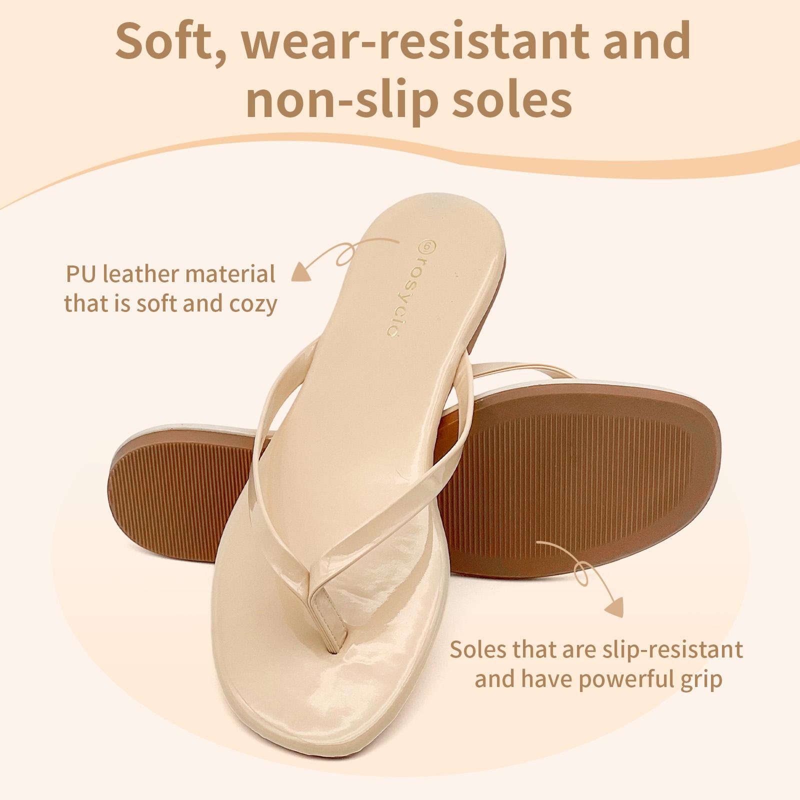 Lumubby Classic Women's PU Flat Flip-Flops Durable Slip-Resistant Slippers for Indoor Outdoor Beach Pool Use Square-Toe Design Mirror-Surface Finish Unisex Stylish Lightweight