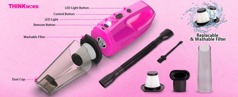 THINKWORK Pink Portable Vacuum Cleaner Kit with 8000PA Cordless Rechargeable Handheld Vacuum Cleaner, Gift for Women, High Power Accessories