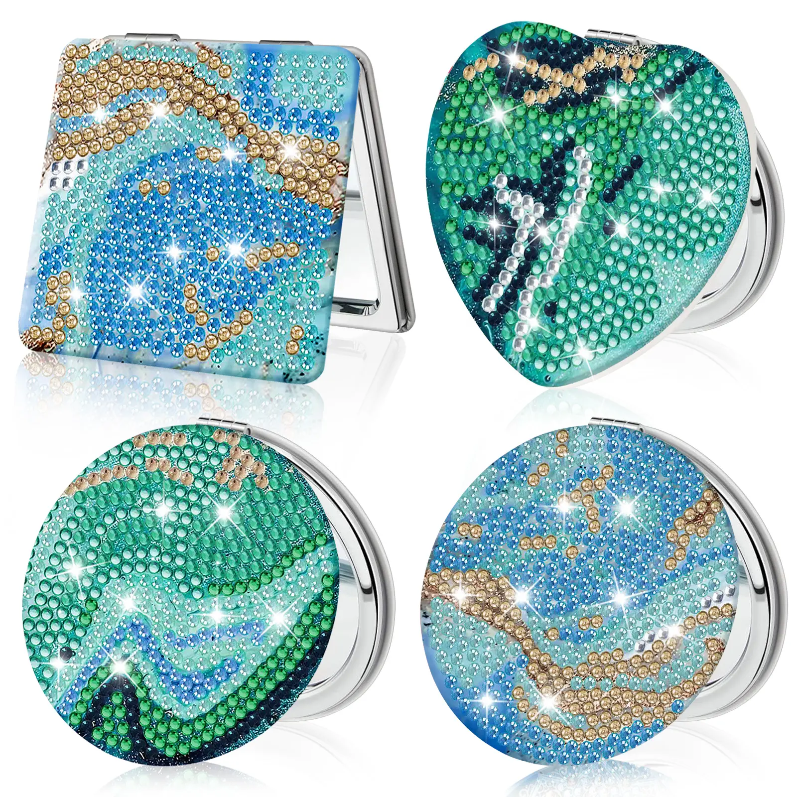 4Pcs Ocean Diamond Painting Compact Mirror Set - Colorful  Diamond Art Kits,Foldable Makeup Mirror,Pocket Mirror,Gift for diy Crafts,for Birthday Christmas