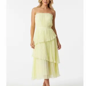 Name Strapless Tiered Pleated Midi Dress in Soft Yellow for Casual and Formal Wear Womenswear Sleeveless