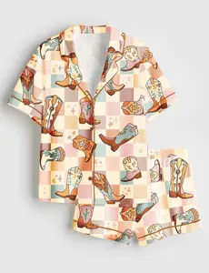 Women’s Colorful Plaid Western Cowboy Boot Long Sleeve Satin Pajama Set, Cowgirl Sleepwear, Vintage Western PJs, Trendy Gift for Her